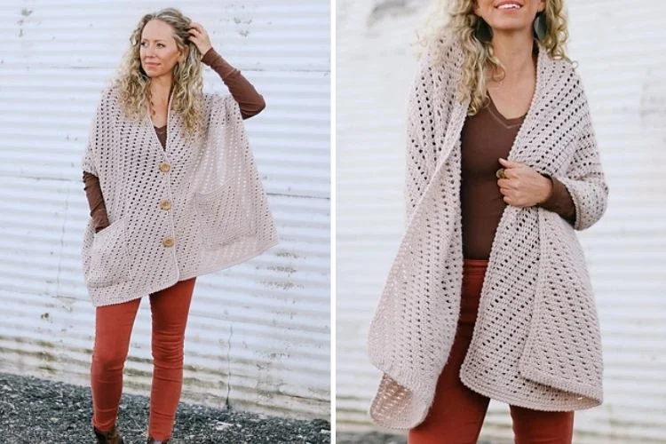 Two pictures of a woman wearing a knitted cardigan.