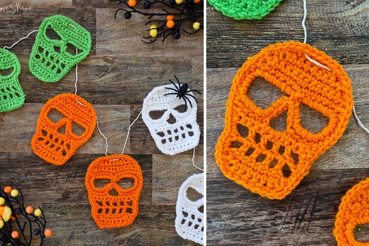 Crocheted halloween skull garland.