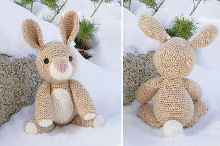 Two pictures of a crocheted bunny sitting in the snow.