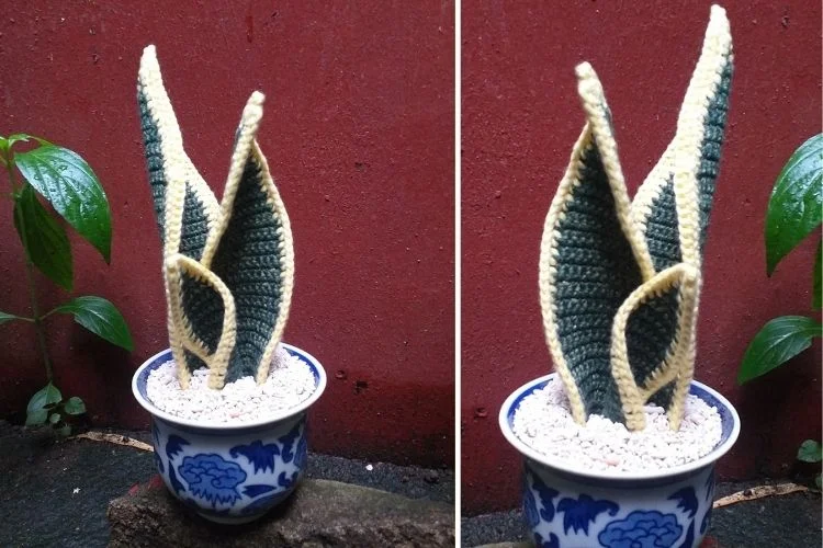 Two pictures of a crocheted plant in a pot.