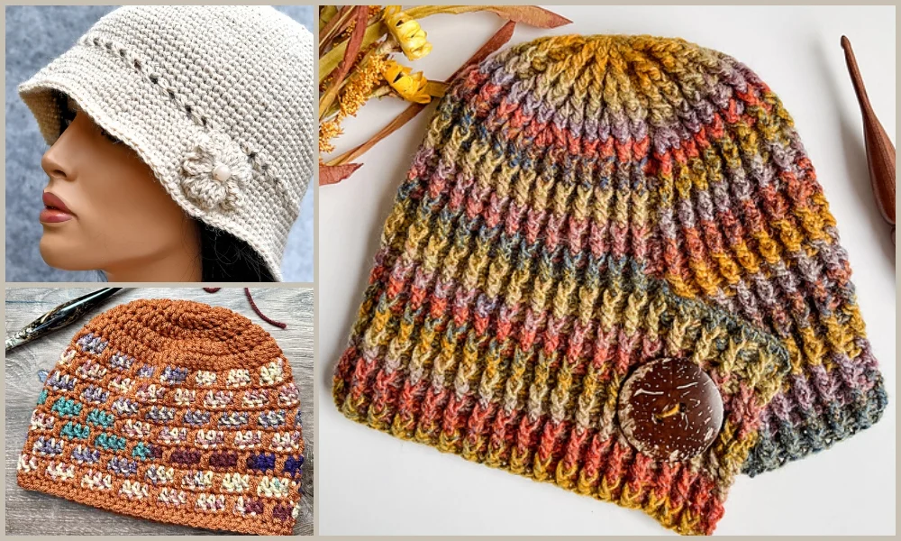 A collage of different knit hats.