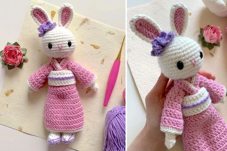 Two pictures of a crocheted bunny in a pink dress.