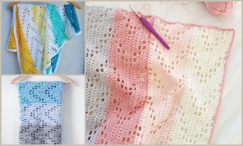 Three crochet blankets in various pastel colors exude a cozy charm. Two are displayed hanging, while one, aptly named the Hopscotch Blanket, is laid flat with a purple crochet hook resting on it.