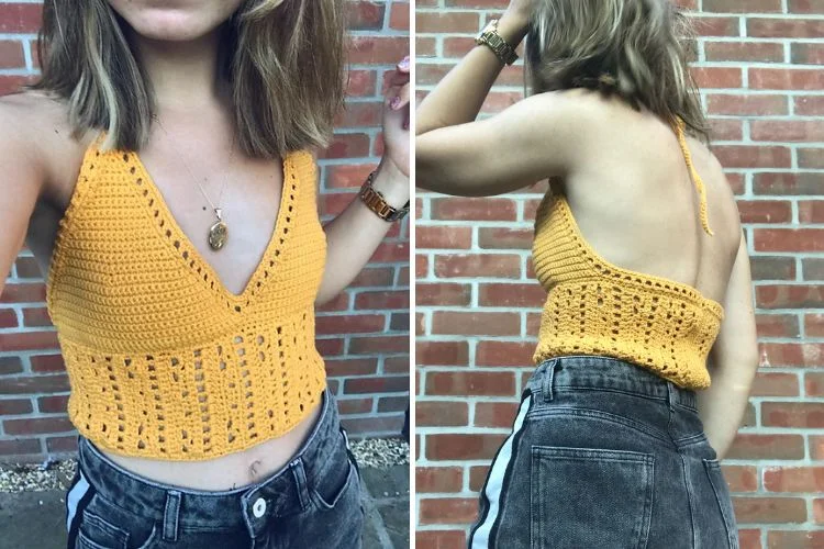 Two pictures of a woman wearing a yellow crocheted top.