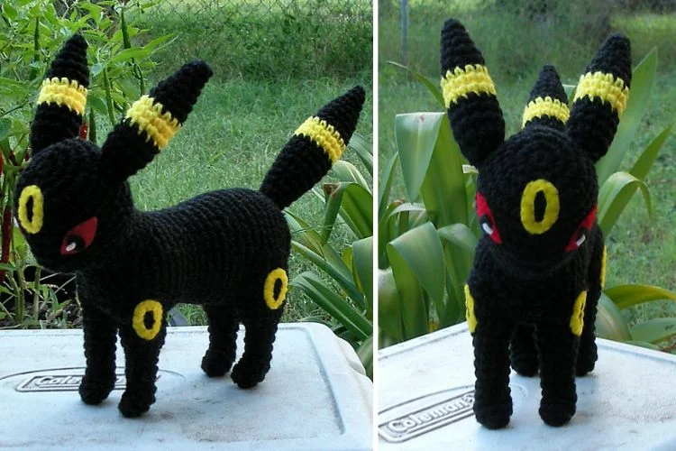 Two pictures of a crocheted pokemon toy.