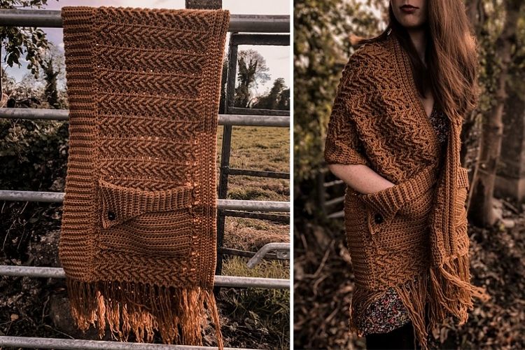 Two pictures of a woman wearing a brown knitted scarf.