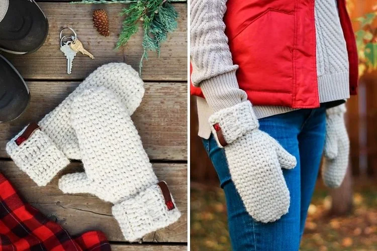 Two pictures of knitted mittens.