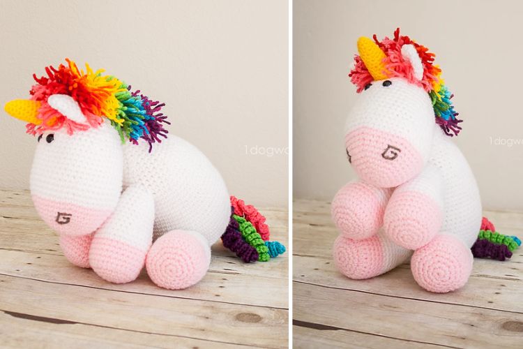 Two pictures of a crocheted unicorn amigurumi.