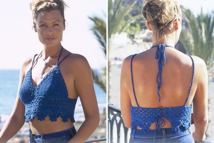 Two pictures of a woman wearing a blue crocheted top.