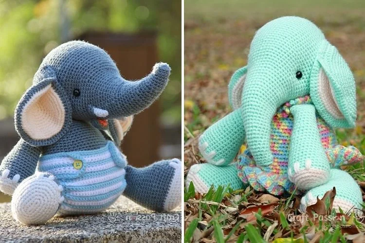 Two crocheted elephants sitting next to each other.