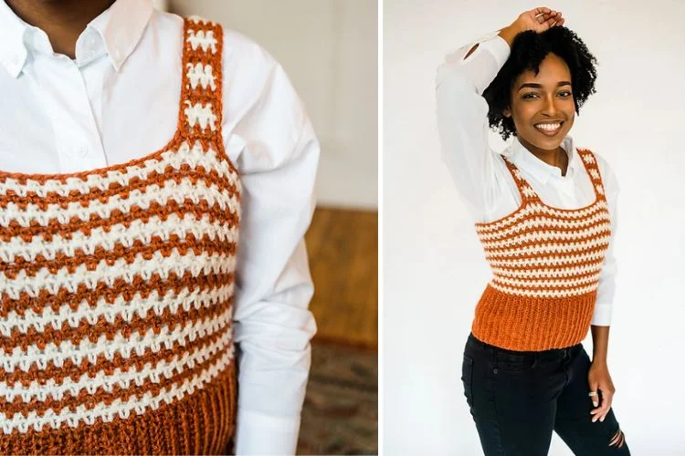 A woman is wearing an orange and white crocheted tank top.