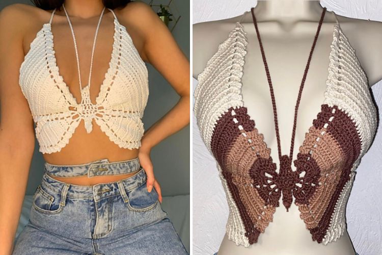 Two pictures of a mannequin wearing a crocheted top.