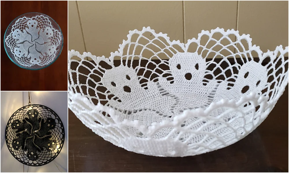 Collage of crochet art: Top right, a white lace bowl with ghost motifs; top left and bottom left, circular ghost doilies with a light inside.