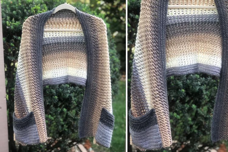 Two pictures of a crocheted shawl hanging on a hanger.