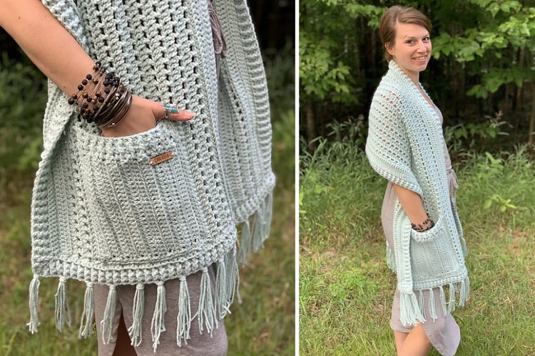 Two pictures of a woman wearing a crocheted poncho.