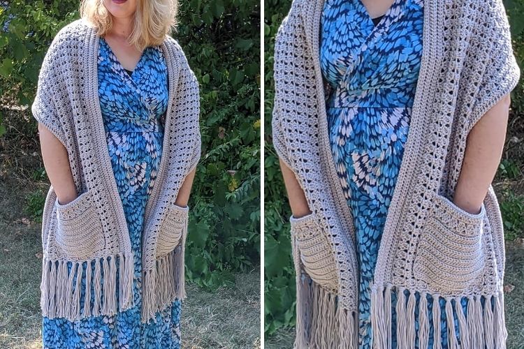 Two pictures of a woman wearing a crocheted poncho.