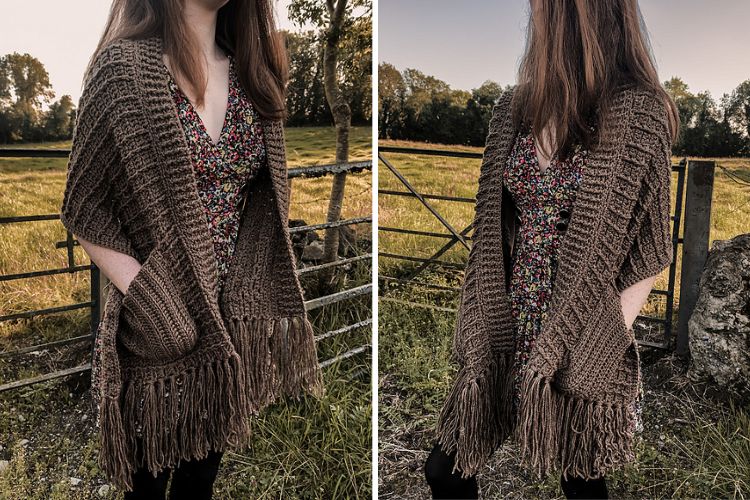 Two pictures of a woman wearing a fringed cardigan.