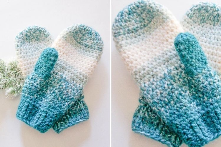 A pair of crocheted mittens with a blue and white pattern.