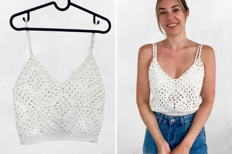 a woman wearing a white crochet crop top made in granny squares with floral motif