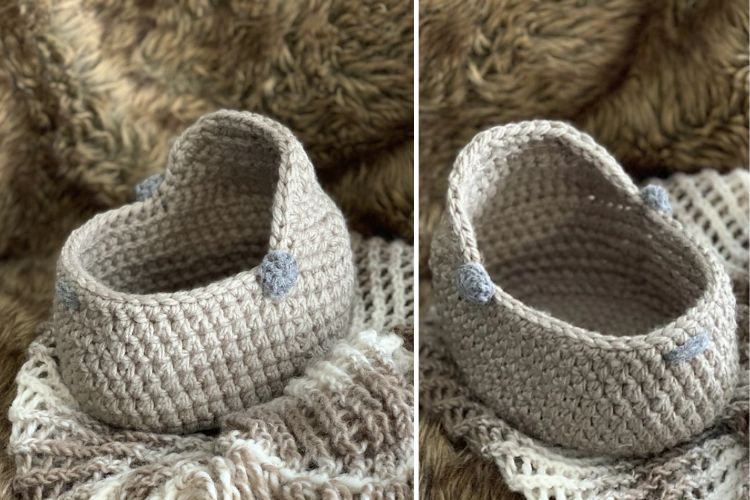 Two pictures of a crocheted basket on a blanket.