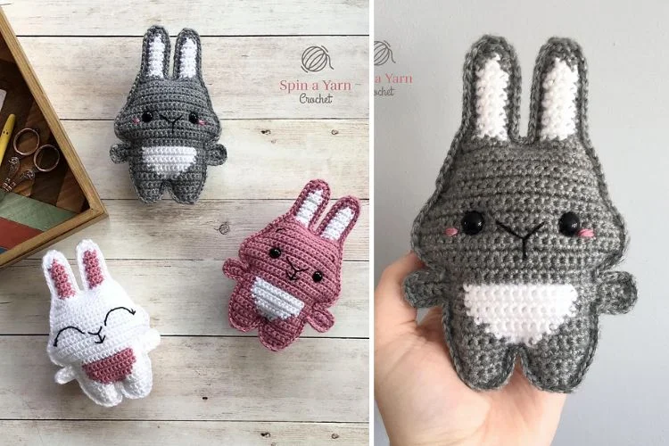 three small crochet bunny amigurumi in white, grey and pink colors