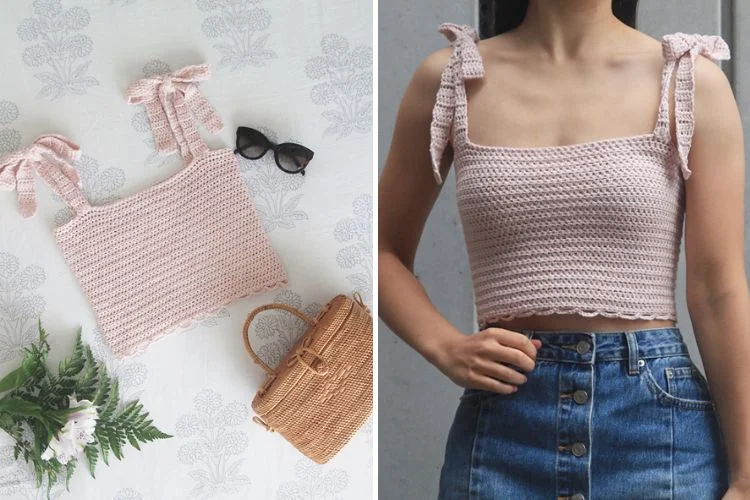 Two pictures of a woman wearing a pink crop top.