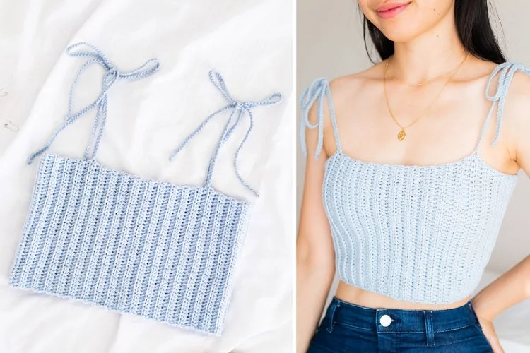 Two pictures of a woman wearing a blue crocheted top.