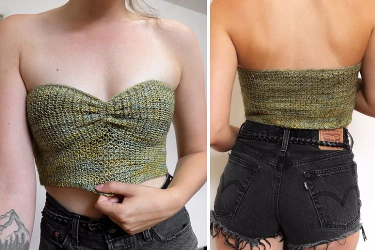 Two pictures of a woman wearing a knitted strapless top.