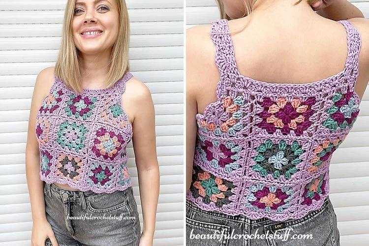 A woman is wearing a purple crocheted top.