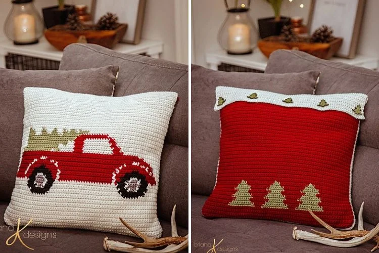 Two pictures of a christmas pillow with a red truck on it.