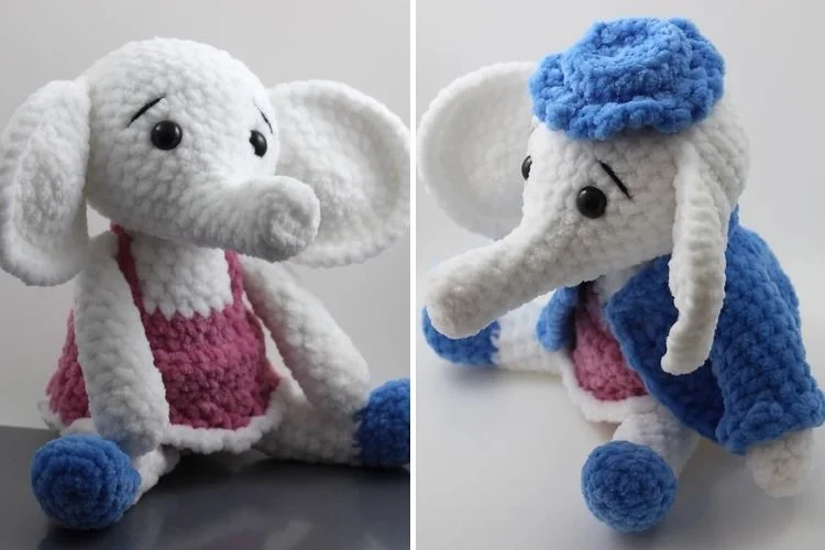 Two pictures of a crocheted stuffed elephant.