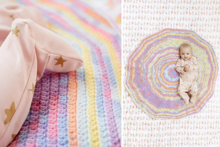 A baby is laying on a crocheted blanket.