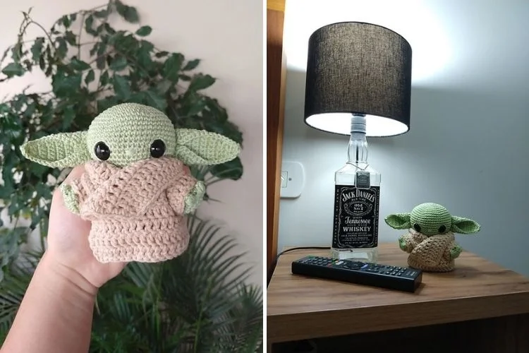 A picture of a star wars yoda and a bottle of liquor.