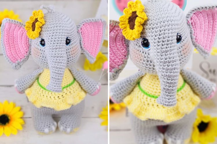 A crocheted elephant with a yellow dress and sunflowers.