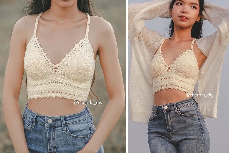 a woman wearing a cream crochet crop top