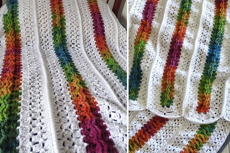 Two pictures of a crocheted afghan with rainbow stripes.