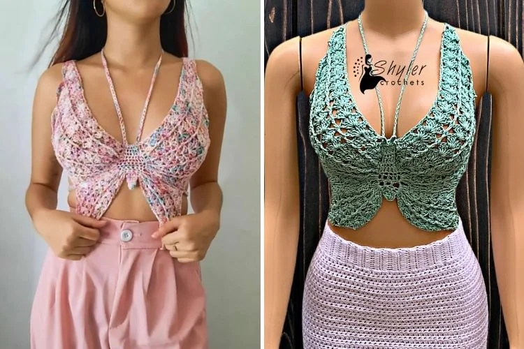 Two pictures of a mannequin wearing a crocheted top and skirt.