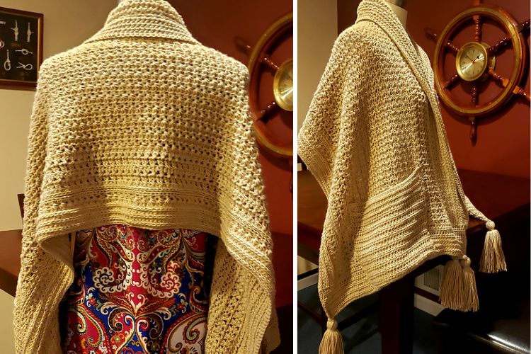 Two pictures of a knitted poncho on a mannequin.