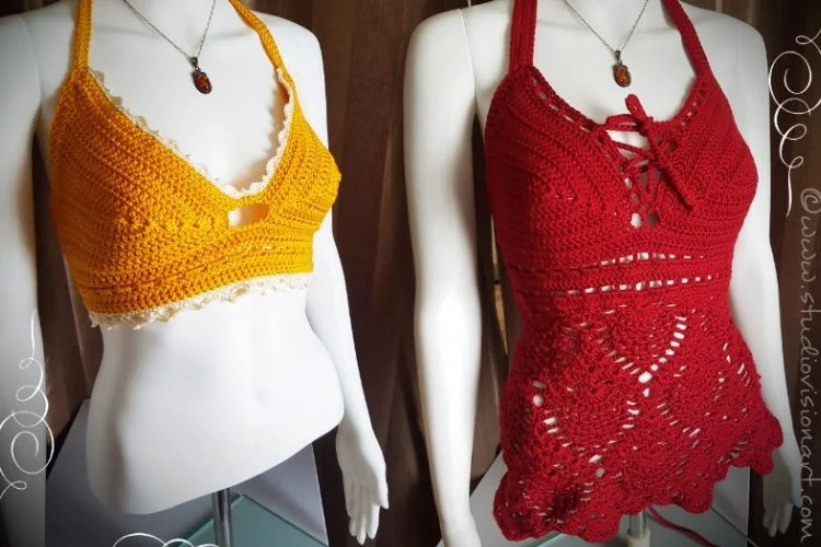 Two crocheted bikinis on mannequin mannequins.