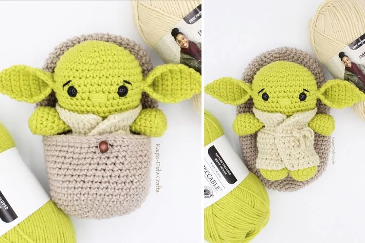 a green crochet baby alien amigurumi in a robe