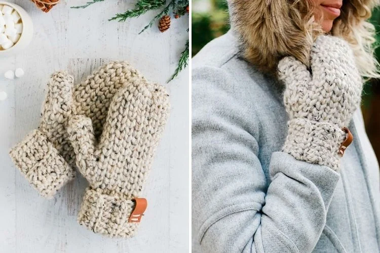 Two pictures of mittens with a woman wearing them.