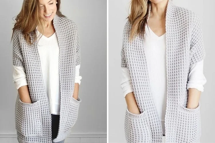 a woman wearing a grey short-sleeved crochet cardigan with pockets made in waffle stitch