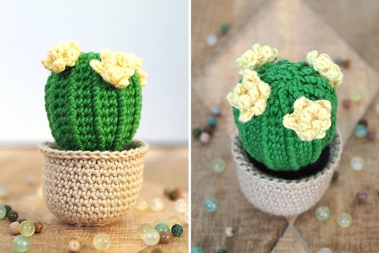 A crocheted cactus with flowers in a pot.