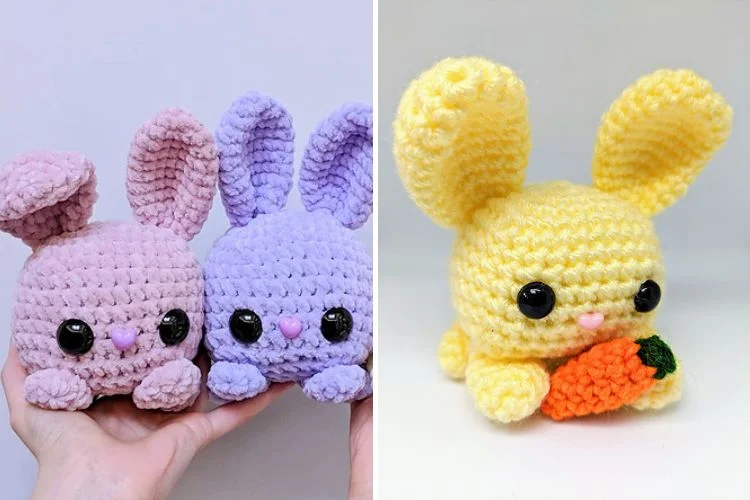 Two pictures of crocheted bunnies with carrots.