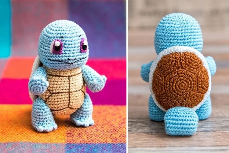 A crocheted toy of a pokemon and a crocheted toy of a turtle.