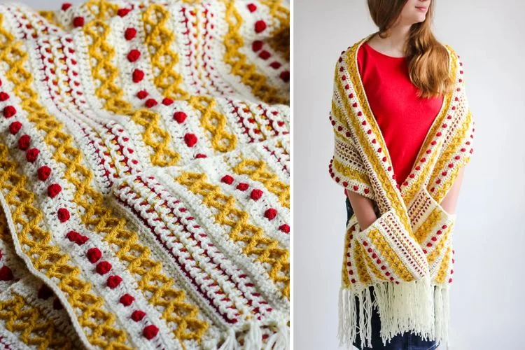 A woman wearing a yellow and red crocheted shawl.