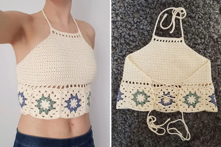 Two pictures of a woman wearing a crocheted top.