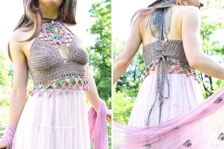 Two pictures of a woman wearing a crocheted dress.