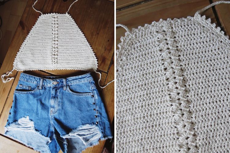 Two pictures of a white crocheted top and denim shorts.