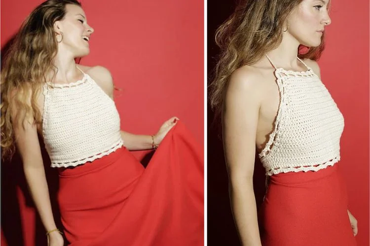 Two pictures of a woman wearing a crochet top and red skirt.